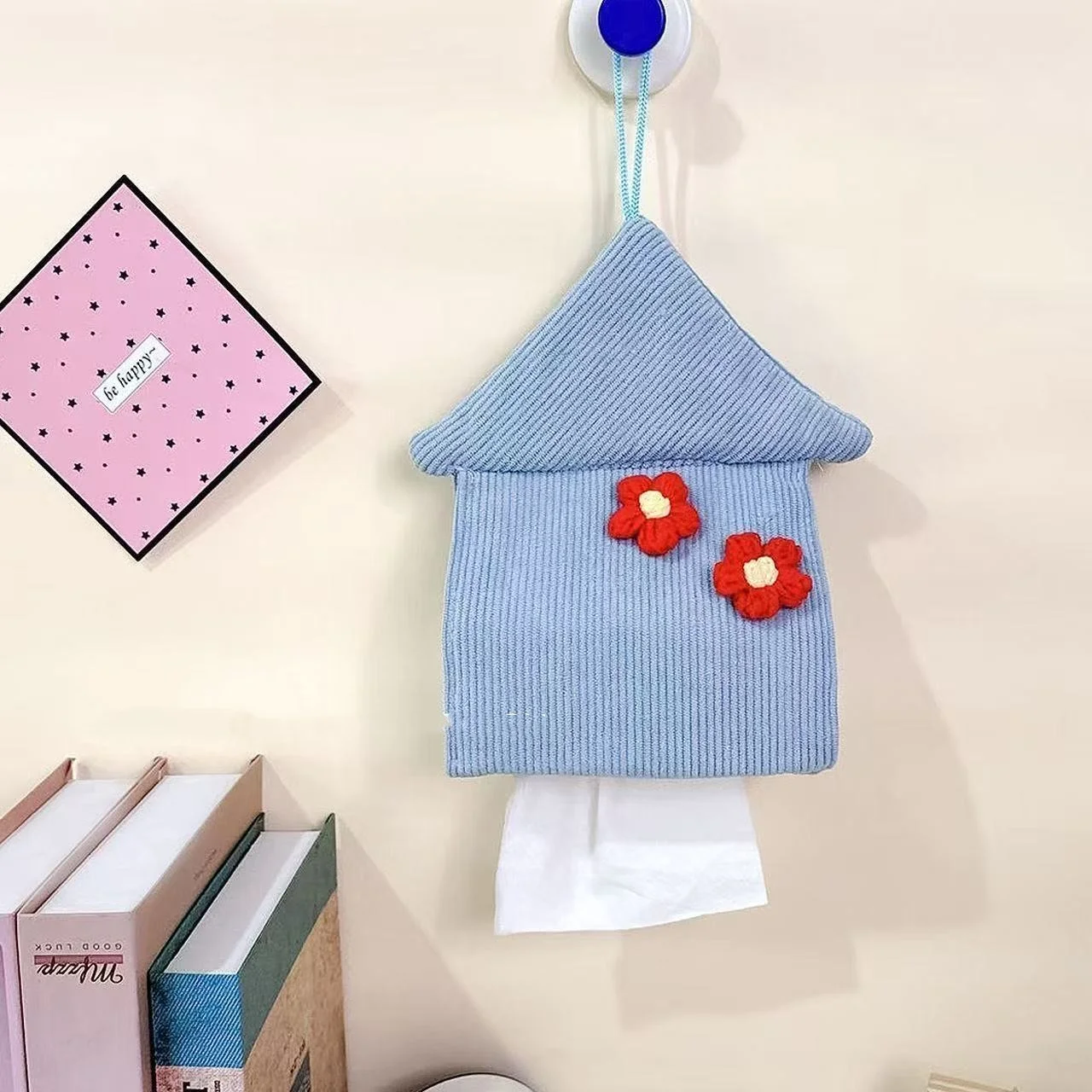 Wall Hanging Tissue Box Holder Cute House Shape Cloth Napkin Dispenser Cartoon Tissue Paper Storage Bag for Car Home Bathroom