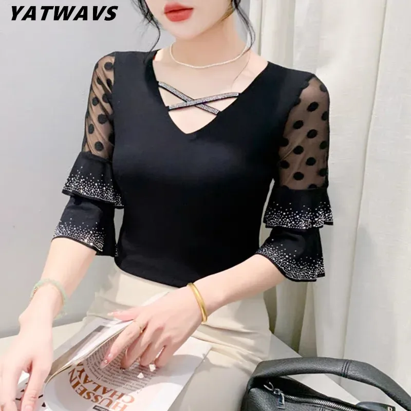 

2025 Summer European Clothes New Sexy V-neck Mesh T-shirt Clothes Hot Diamonds Women's Tops Fashion 3/4 Flare Sleeve Tees