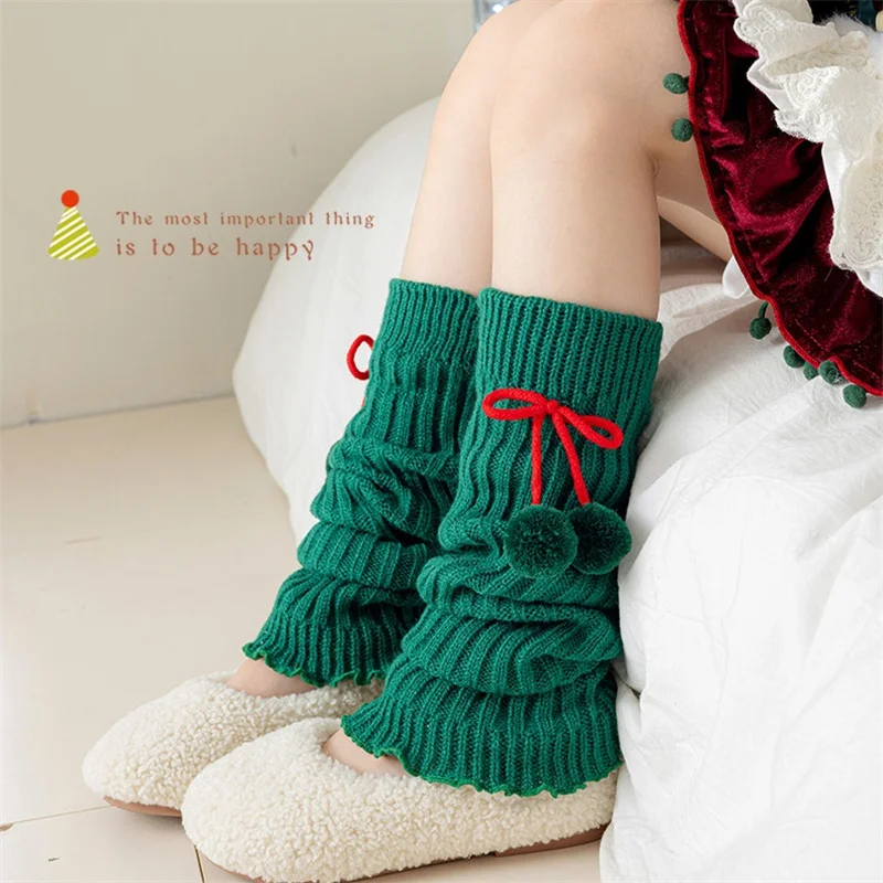 

Christmas Leg Warmers For Girls Winter New Thick Warm Festive Knee High Socks High-Quality Red Green Knitted Princess Stockings