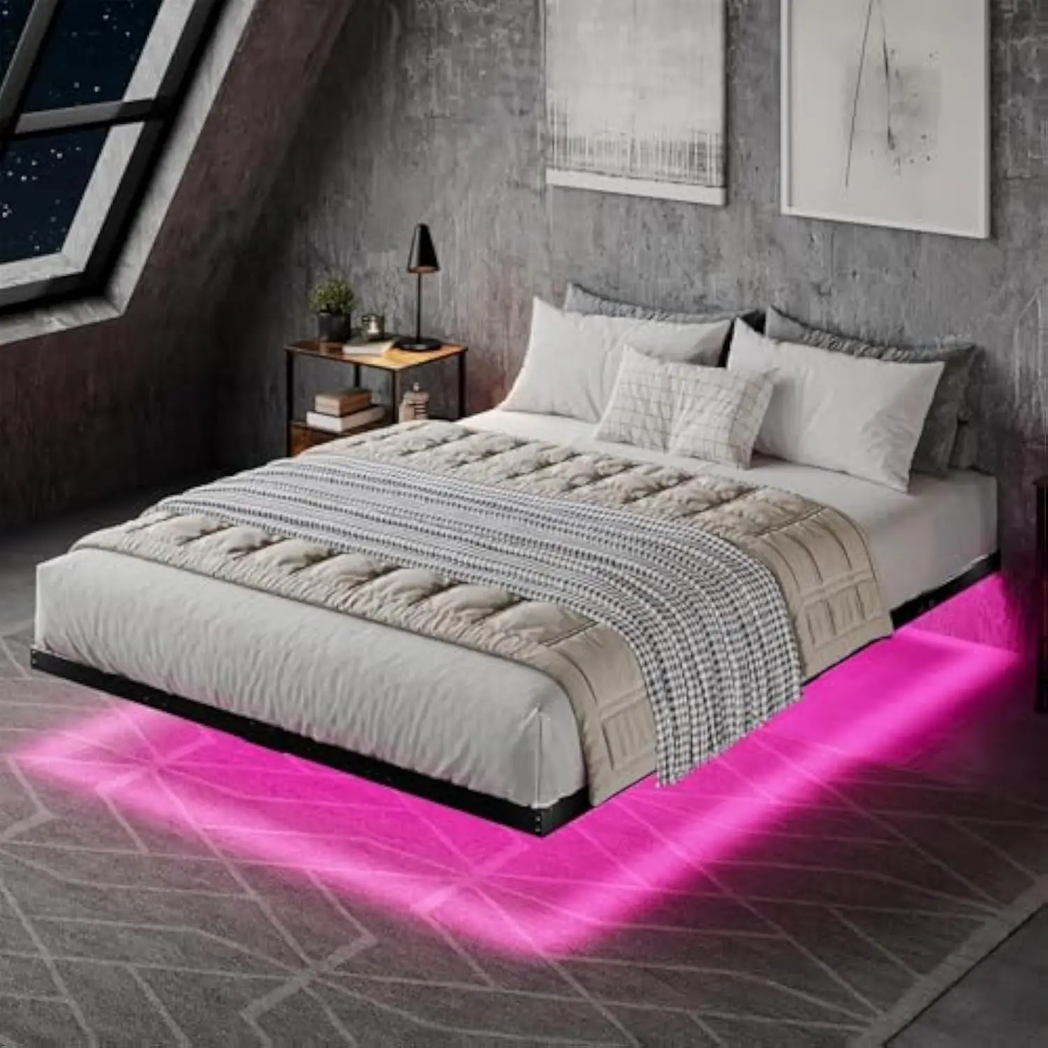 

Floating Bed Frame Full Size with LED Lights, Metal Platform Queen Bed with Heavy Duty Steel Slats, LED Bed Frame, Noise-Free,