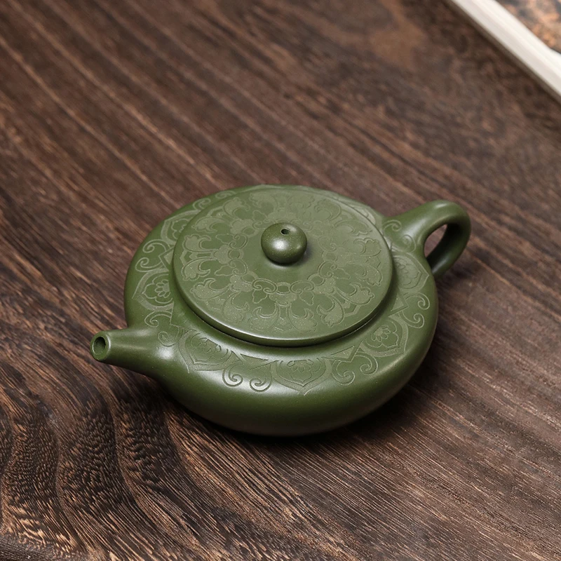 Yixing purple clay pot raw ore green clay hand-carved flat Chen purple clay gift teapot tea set