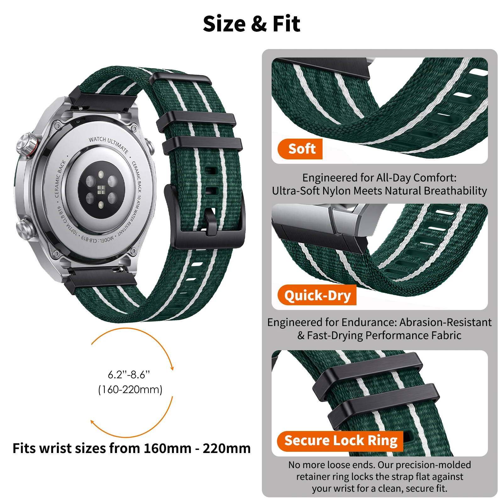 Correa de nailon de 22 mm compatible con Garmin, Suunto y Huawei
