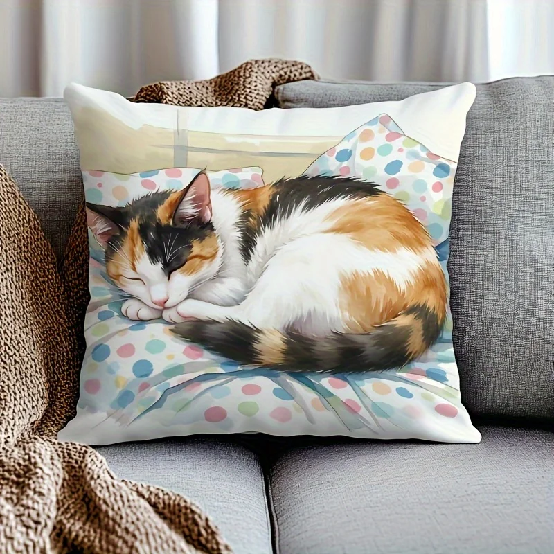 Cute Calico Cat Sleeping Pillow Case, Soft Polka Dot Cushion Cover for Sofa Bedroom, Cozy Pet Lover Home Decor Throw Pillowcase