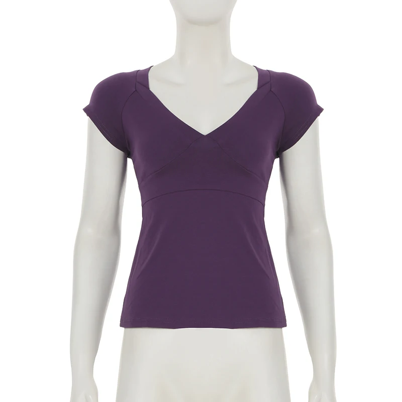 SUCHCUTE Elegante, kurzärmlige, schmal geschnittene T-Shirts mit V-Ausschnitt für Damen, lässiges Basic-Crop-Top aus Baumwolle, Sommer-T-Shirts mit tiefem Ausschnitt, passend zu Y2k – Detail 4