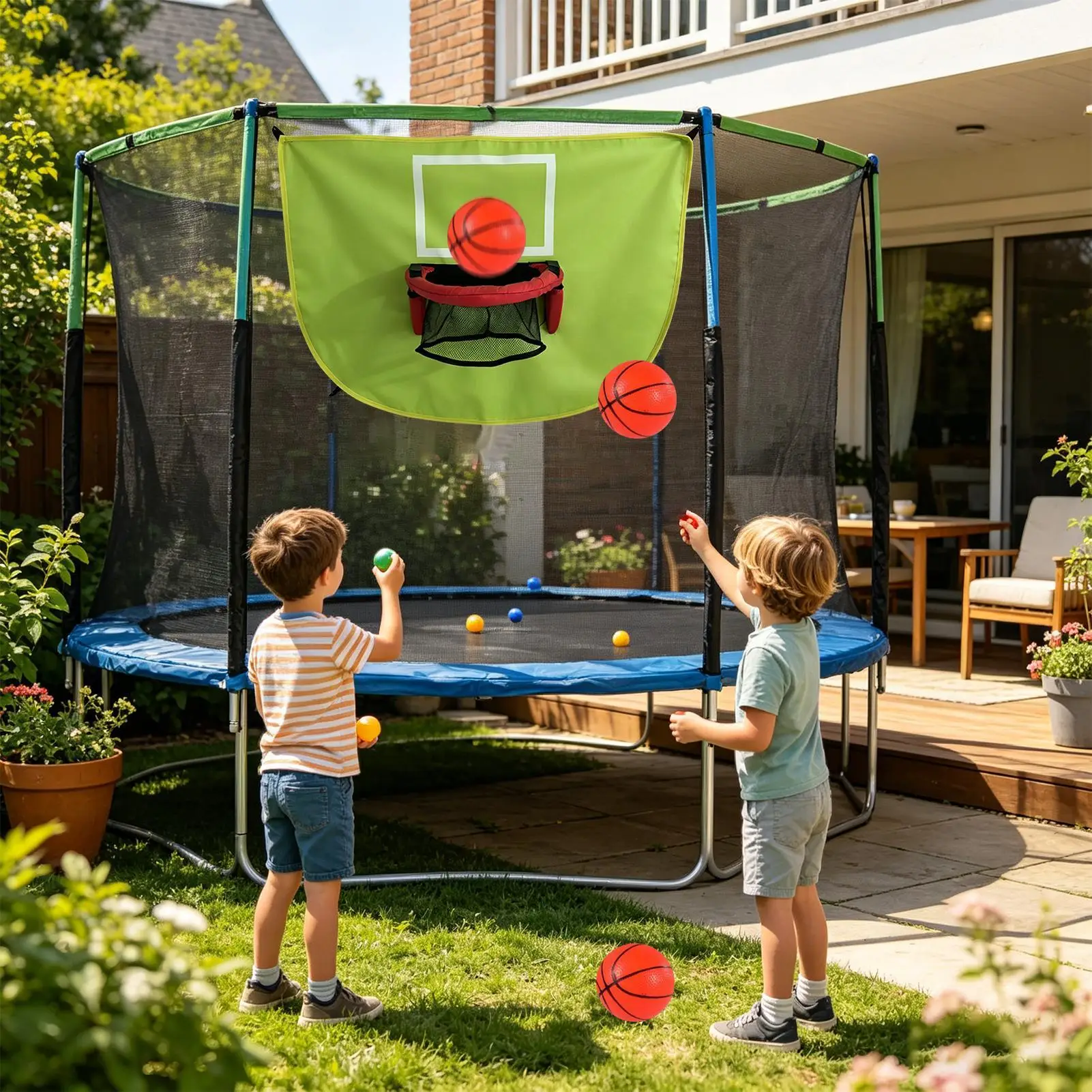 Trampoline Hoop with Pump 3 Balls Universal Easy Assemble Indoor Outdoor Basketball Hoop Trampoline Accessories for Kids Adults