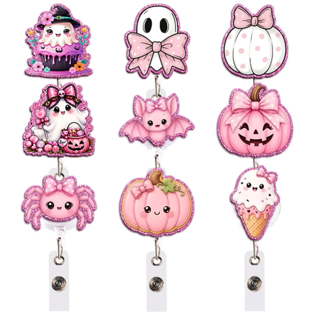 Halloween Ghost Pumpkin Color Glitter Acrylic Reel Badge Clip for Lab Researcher Work ID Card Holder Medical Supply Accessory