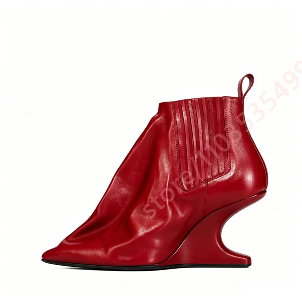 Women's Pointed Toe Ankle Boots 2026 Unique Sculptural Wavy Heel Booties Ruched Elastic Boots Fashion Runway Evening Dress Boots
