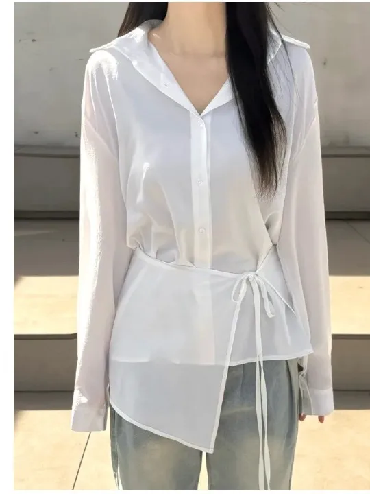 

Korean Design White irt Women's Long Sve Turn-down Collar Faionable Spring Outfit Asymmetrical Tie-up Top Trendy