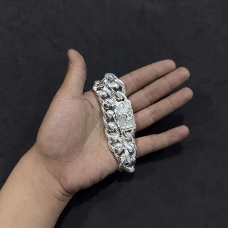 Vintage Distressed Tiger Pattern Cuban Link Bracelet, Domineering Stylish Street Trend Versatile Men Hand Jewelry