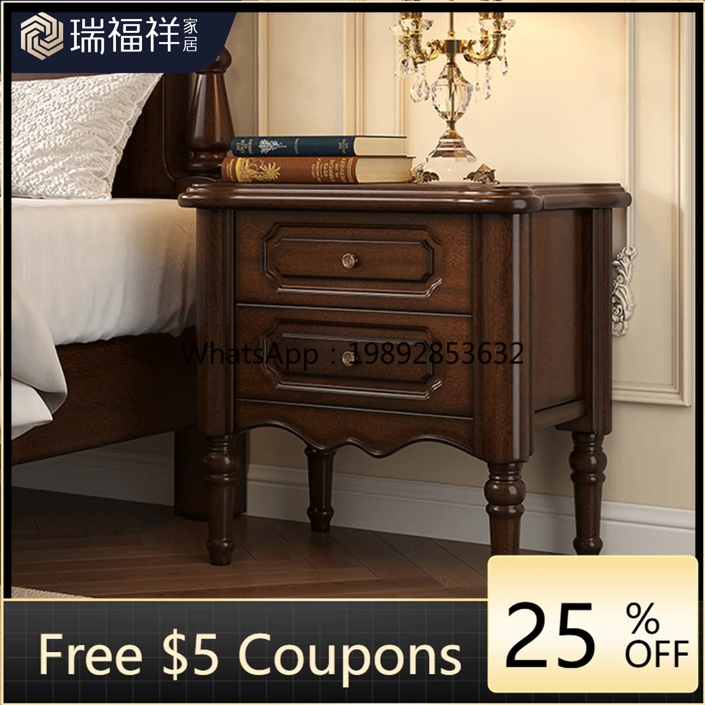 

LYY American Country Style Solid Wood Nightstand Double Drawer Simple Retro Furniture Classic Master Bedroom Bedside Cabinet