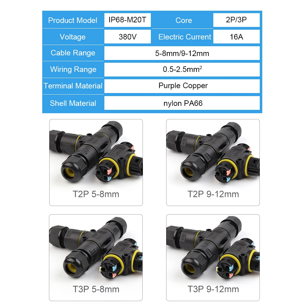 IP68 M20 Waterproof Connector T-Type 3 Way 2/3 Pin Nut Lever Terminal Adapter for Electrical LED Lighting Outdoor Junction Box