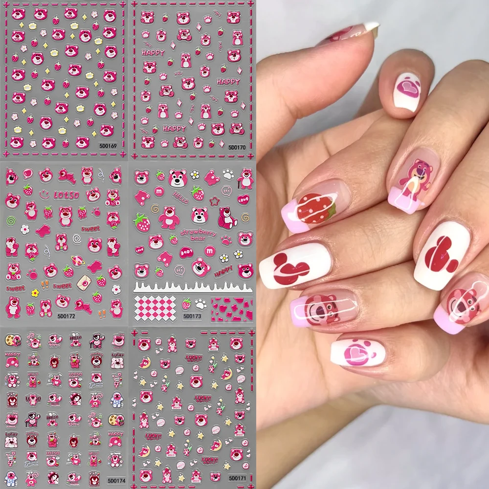 Autocollant pour Nail Art Lotso Bear en relief 5D, décalcomanies adhésives ours fraise doux, curseur Y2K, dessin animé mignon, fournitures de manucure