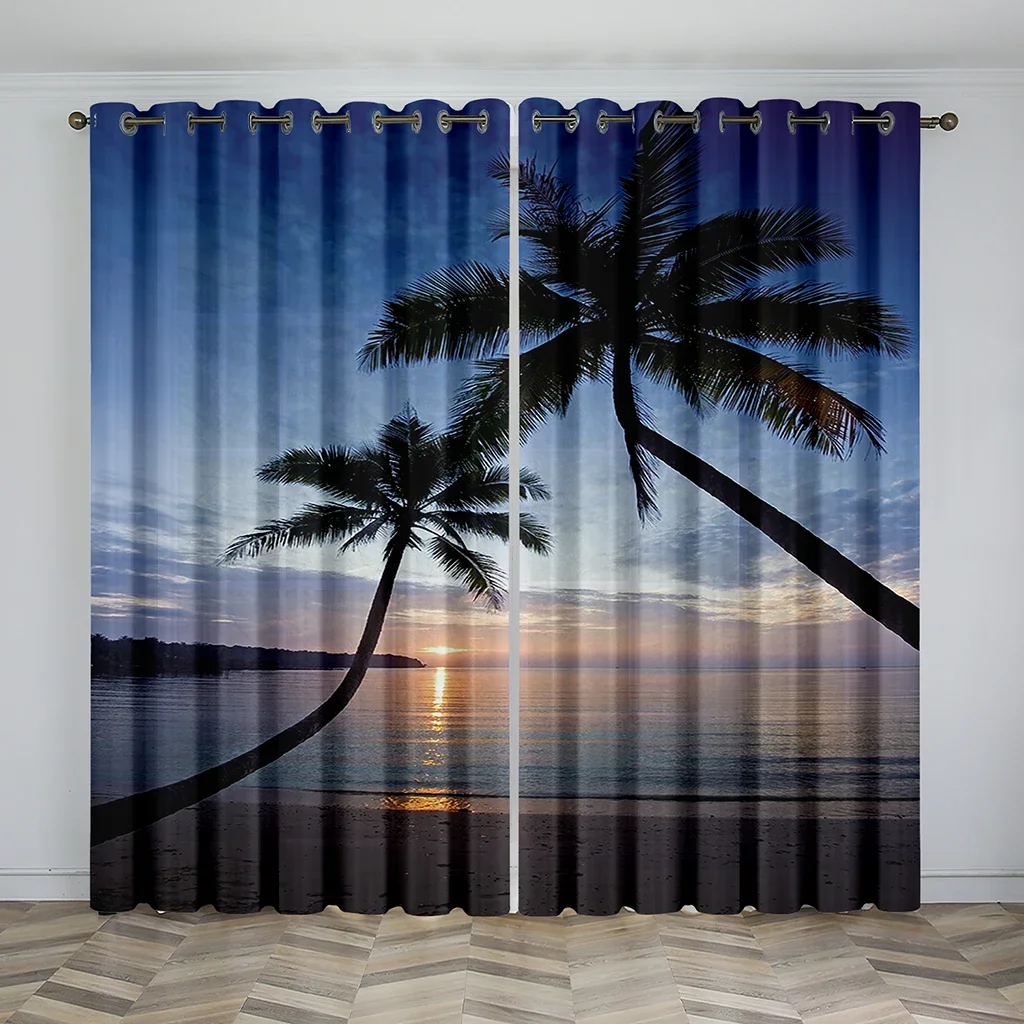 3D Digital Sunset Over Ocean Calm, Darkening Curtain for Living Room, Bedroom, Island, Summertime, 2 Pieces Shading