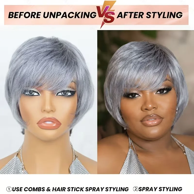 Pixie Cut Grey Wig with Bangs for Daily Wear