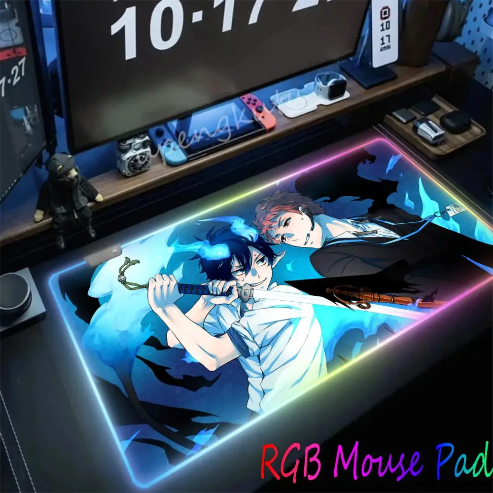 RGB Mouse Pad Blue Exorcist Anime Mats Computer Accessories Desk Mat Game Mousepad use with non slip suitable for desktop laptop