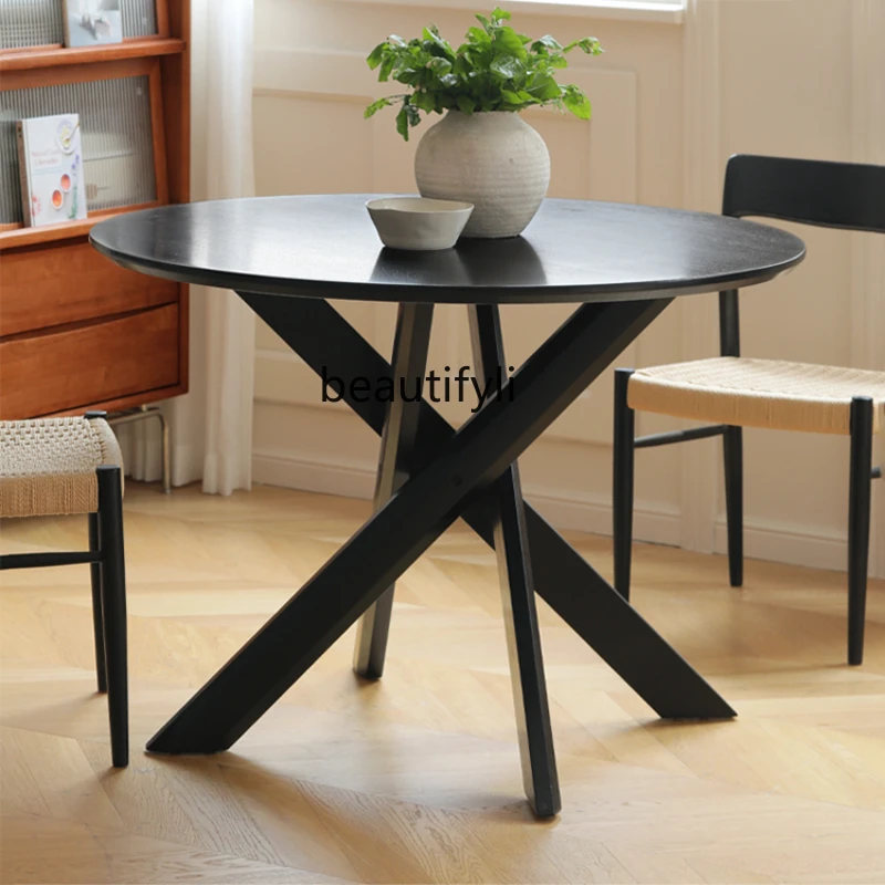 

Solid Wood round Table Dining Table Household Eating Mid-Ancient Manchurian Ash Simple Black Small Apartment Dining Table