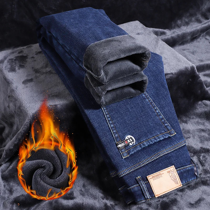 Pantalones vaqueros rectos de lana para hombre, pantalón informal, cómodo, grueso, cálido, a la moda, de terciopelo, para invierno