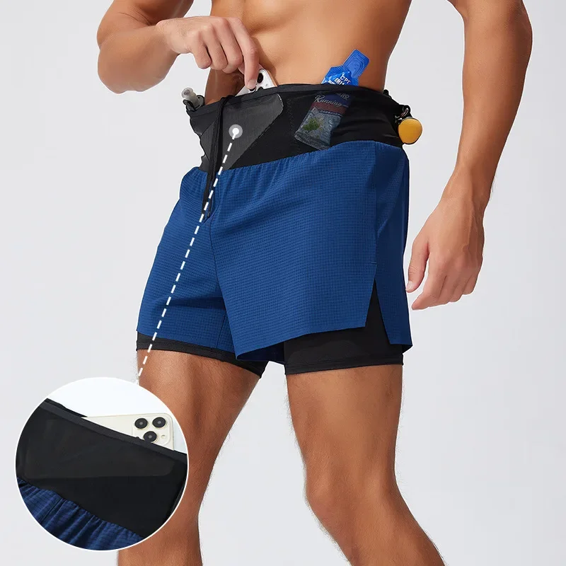Running Shorts Male 2 in 1 Marathon Fitness Short Gym Man Basketball Workout Pants Multi-pocket Double Deck Sports Shorts Men