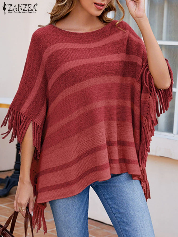 

ZANZEA 2025 FW Cape Style Pullover Sweaters Women Cozy Loose O-Neck 3/4 Sleeve Color-Blocked Striped Fringe Hem Knitted Sweater