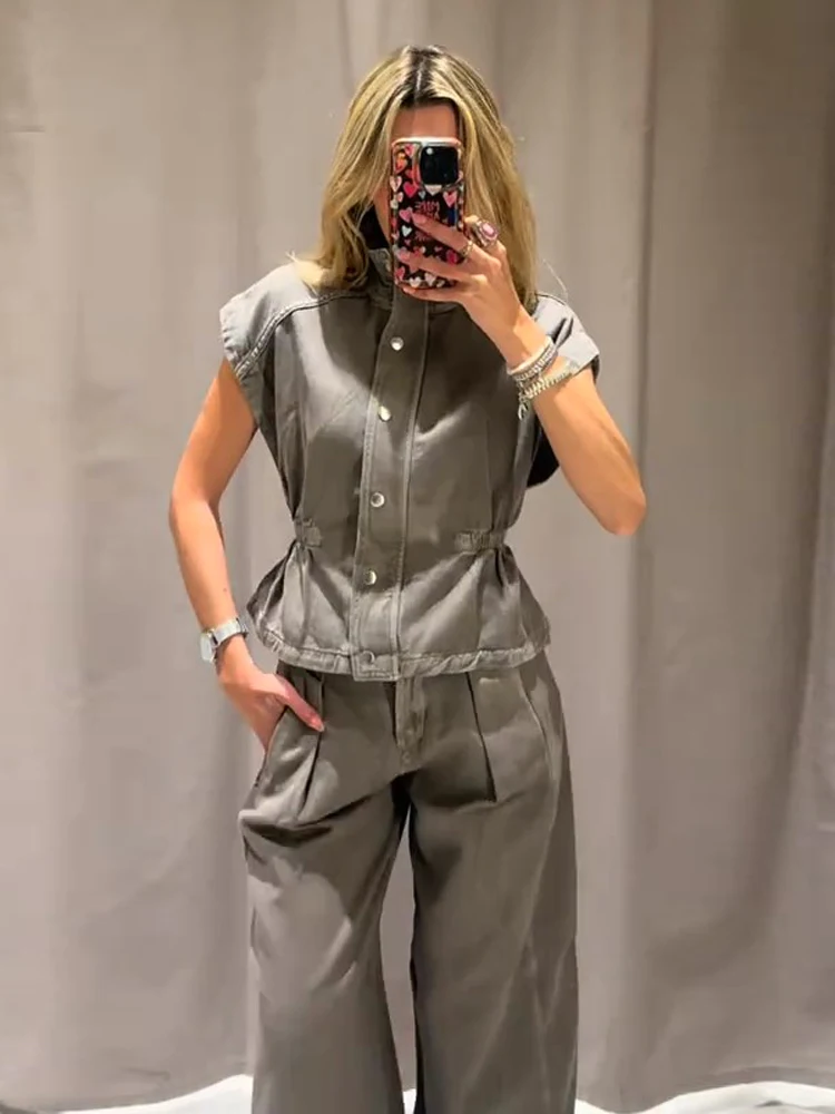 

Casual Summer Women Pant Set Stand Collar Single Breasted Sleeveless Cinched Waist Female Vest Wide Leg Pant Streetwear Outfit