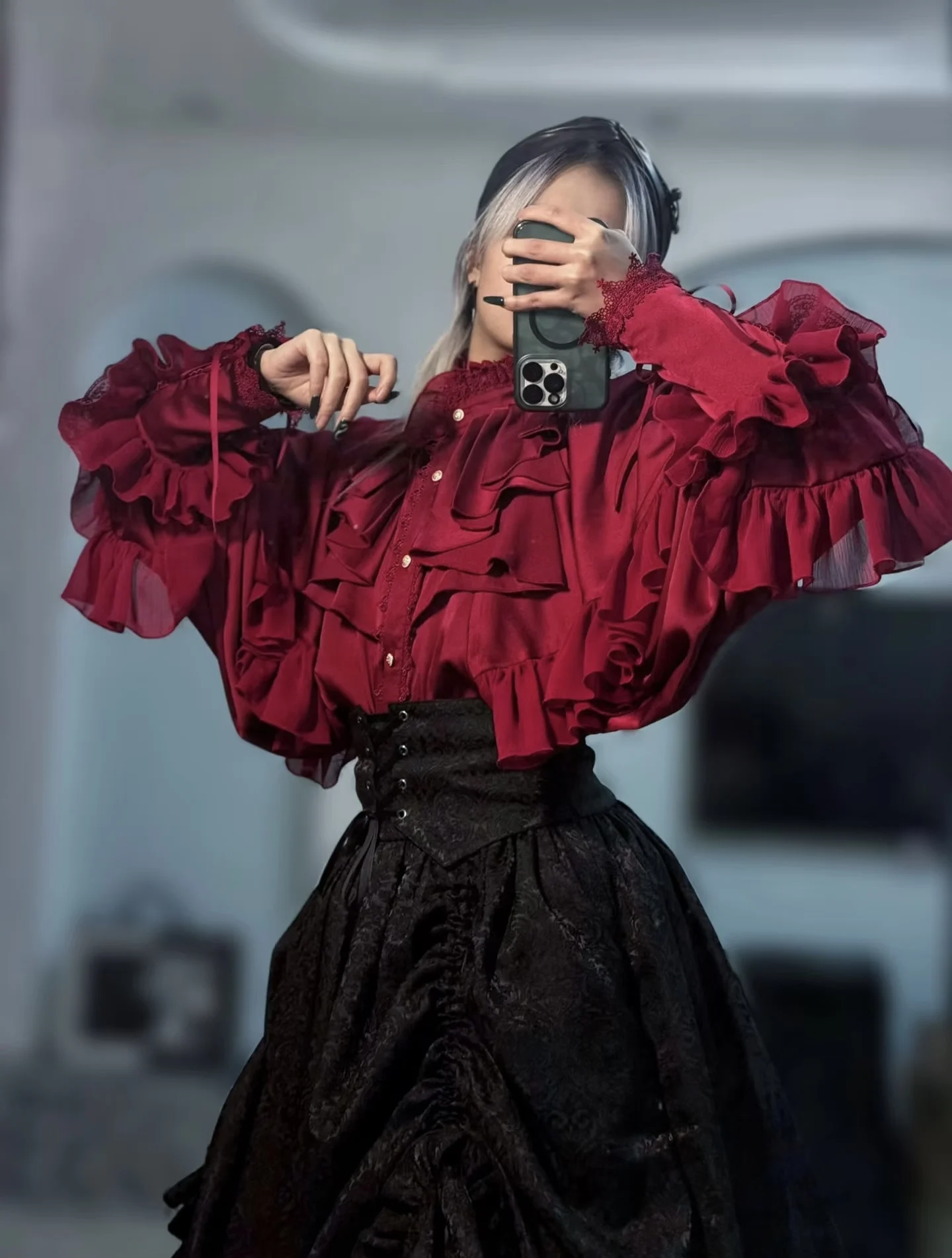 Dark Gothic Japanese Shirt Y2k Top Lolita Girls Ruffle Umbrella Skirt High Waist Oversized Long Skirt Student Elegant Blouse