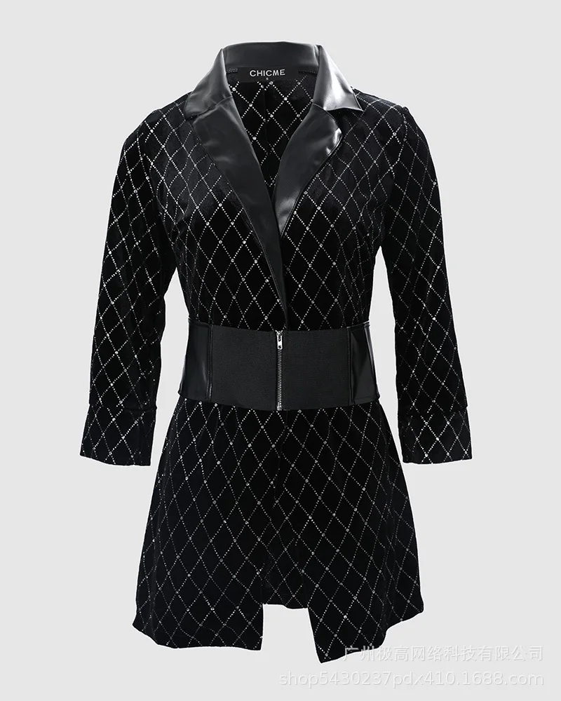 Blazer elegante de cuero Pu con estampado a cuadros para mujer, vestido negro de manga larga con purpurina, color block