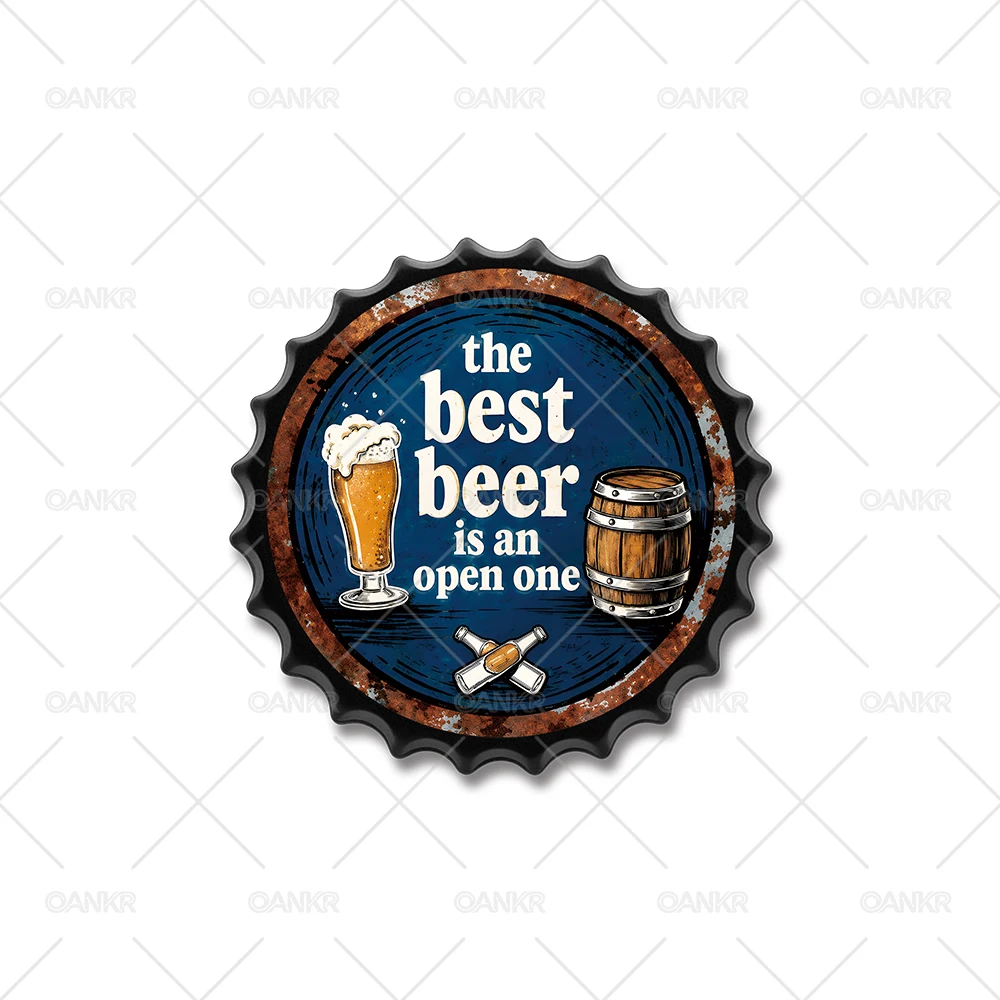 Vintage Beer Bottle Cap Metal Tin Sign, 35x35cm Ice Cold Beer Round Wall Art Decor, Bar Pub Man Cave Decorative Plaque for Home