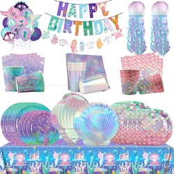 Little Mermaid Party Supplies Mermaid Disposable Tableware Cup Plates Tablecloth Mermaid Birthday Decorations Girls Baby Shower