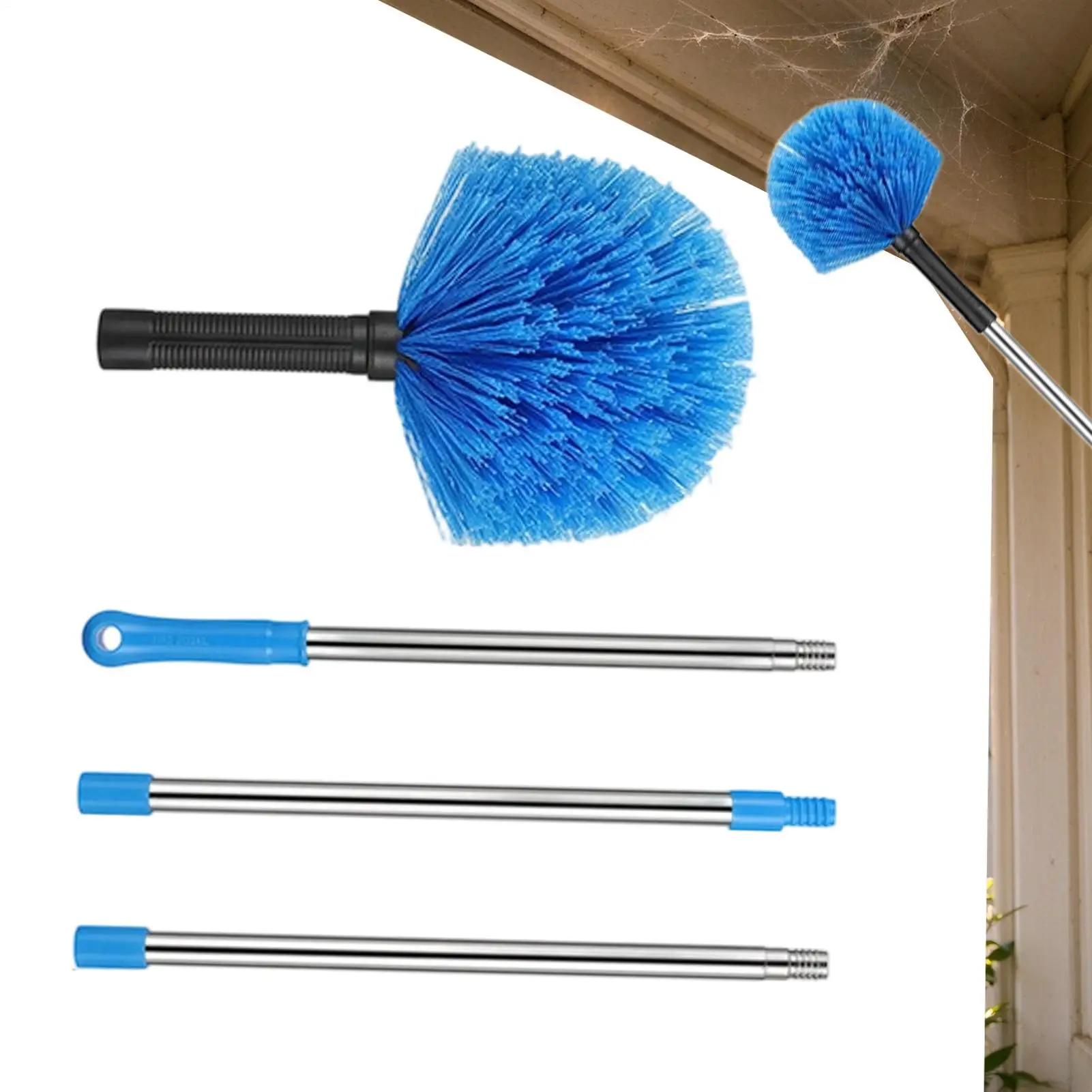 1pc Adjustable Length Spider Web Ceiling Cleaner Duty Metal Broom with Extension Pole Brush Handle Multi-Surface Dusting Tool