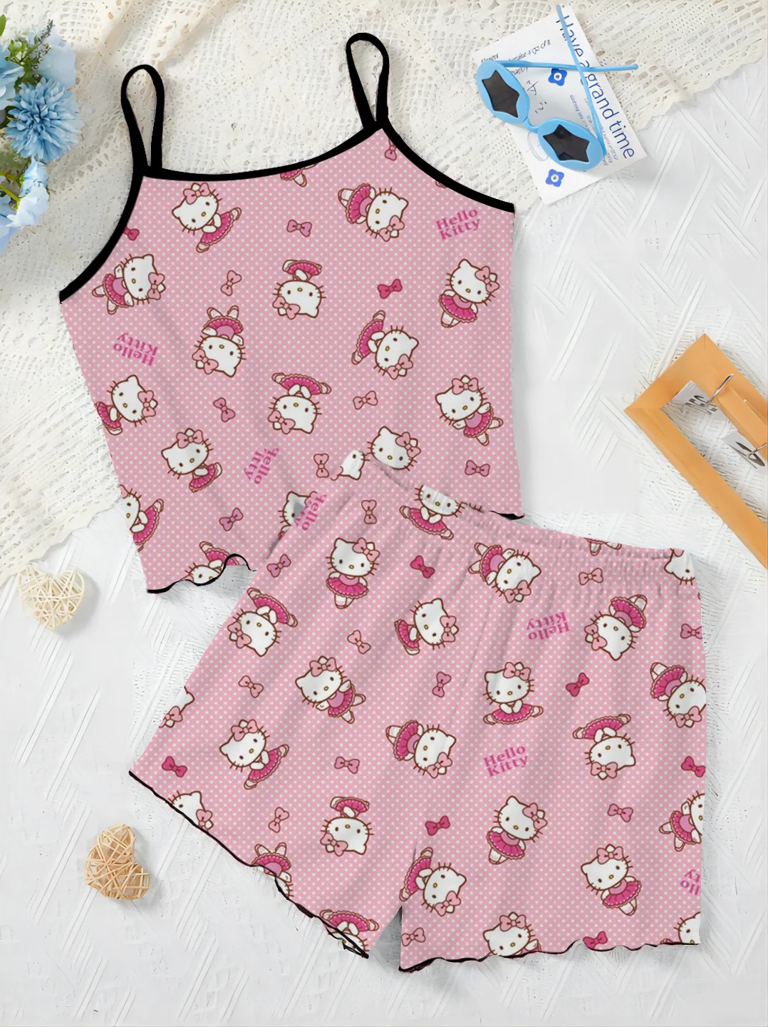 Pyjama Rok Elegante Dames Sets Zomer Outfit Top Disney Home Dress Hello Kitty Sla Trim T T-Shirt Stukken Korte Broek