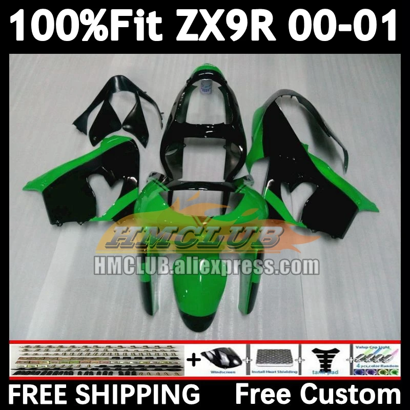 Injection Bodys For KAWASAKI NINJA ZX 9R 9 R 900 greenblack 2000 2001 165No.8 ZX900 900CC ZX-9R ZX9 R ZX9R 00 01 OEM Fairing