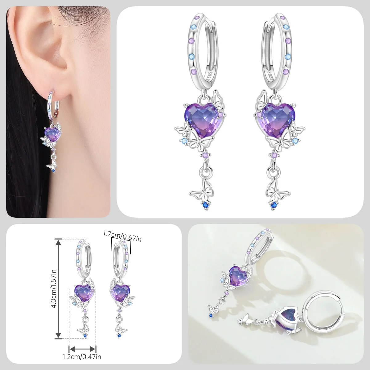 Orstarry S925 Sterling Silber Schmetterling-Blumen-Ohrringe und Halsketten-Set, Exquisites Herz-Hänge-Schmuckset für Damen, Party-Geschenk – Detail 20