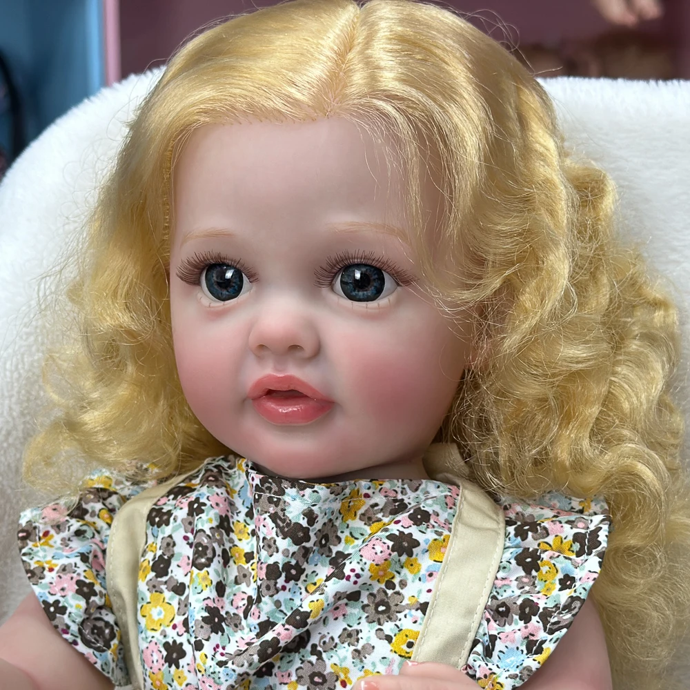 Bambola Reborn Girl in vinile da 22", capelli lunghi biondi, caratteristiche squisite, occhi azzurri, posizionabile, confezione regalo per collezionisti