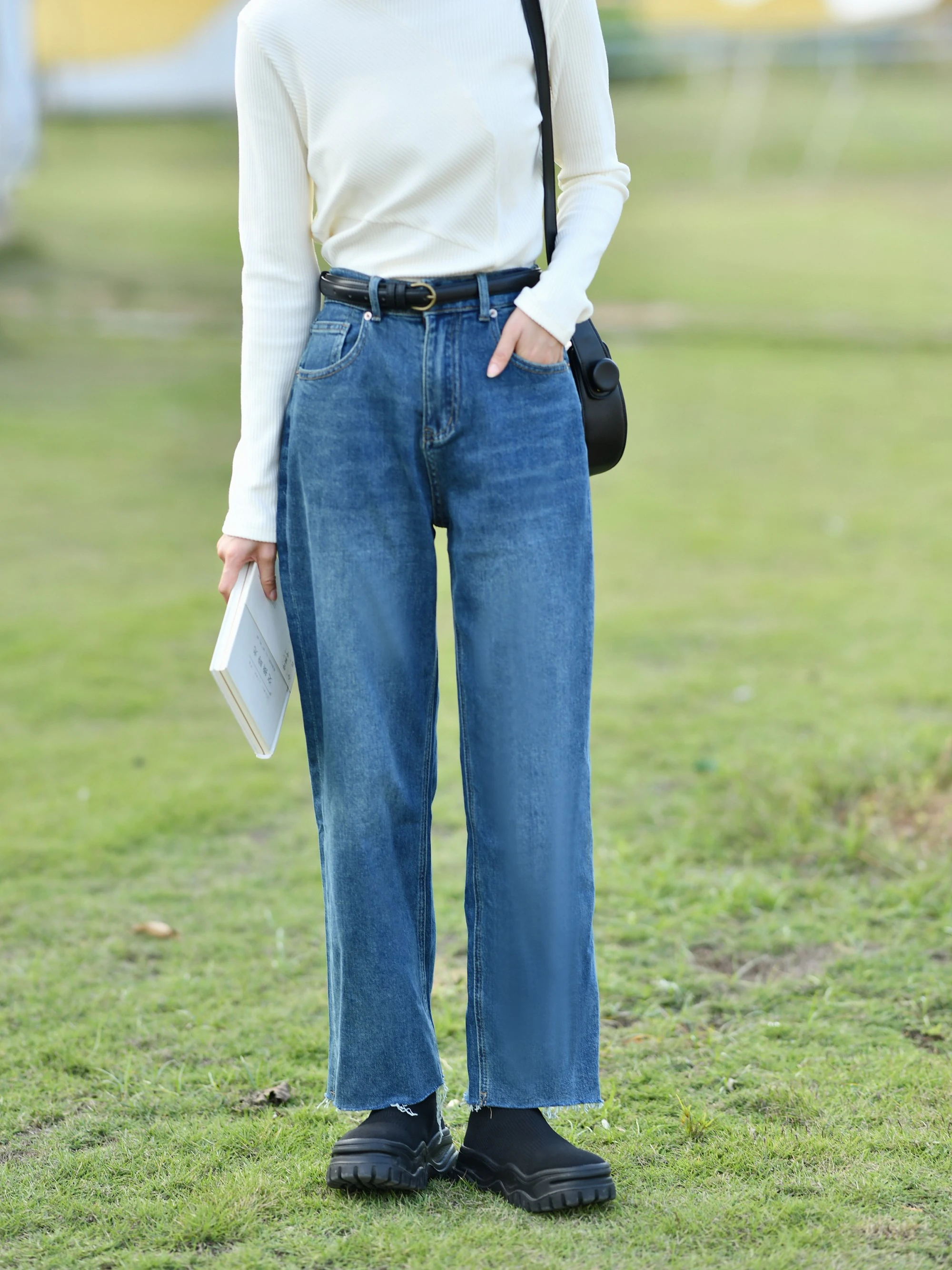 

Джинсы прямого кроя женские с высокой талией, средней эластичности, из легкого денима, весна-осень, новинка, повседневный стиль