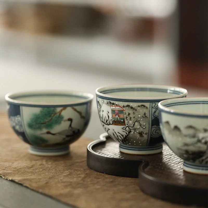 ★Jingdezhen Ceramic Blue and White Doucai Tea Cup Antique Handmade Master Cup Tea Cup Kung Fu Tea Set Hand Painted Tea Cup