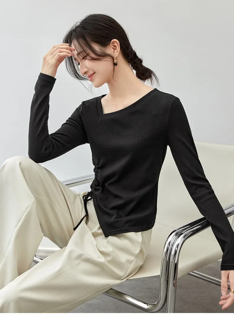 SENTUBILA Irregular Shirring T Shirt for Women 2024 Autumn Cotton Slim Fit Skew Collar Knit Tops Solid Black Tees 143T56834