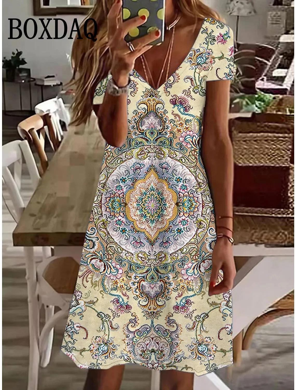 

2024 Summer Ethnic Style Graphic Print Dress Vintage V Neck Pullover Loose Dress Female Fashion Daily Casual Short Sleeve Dress