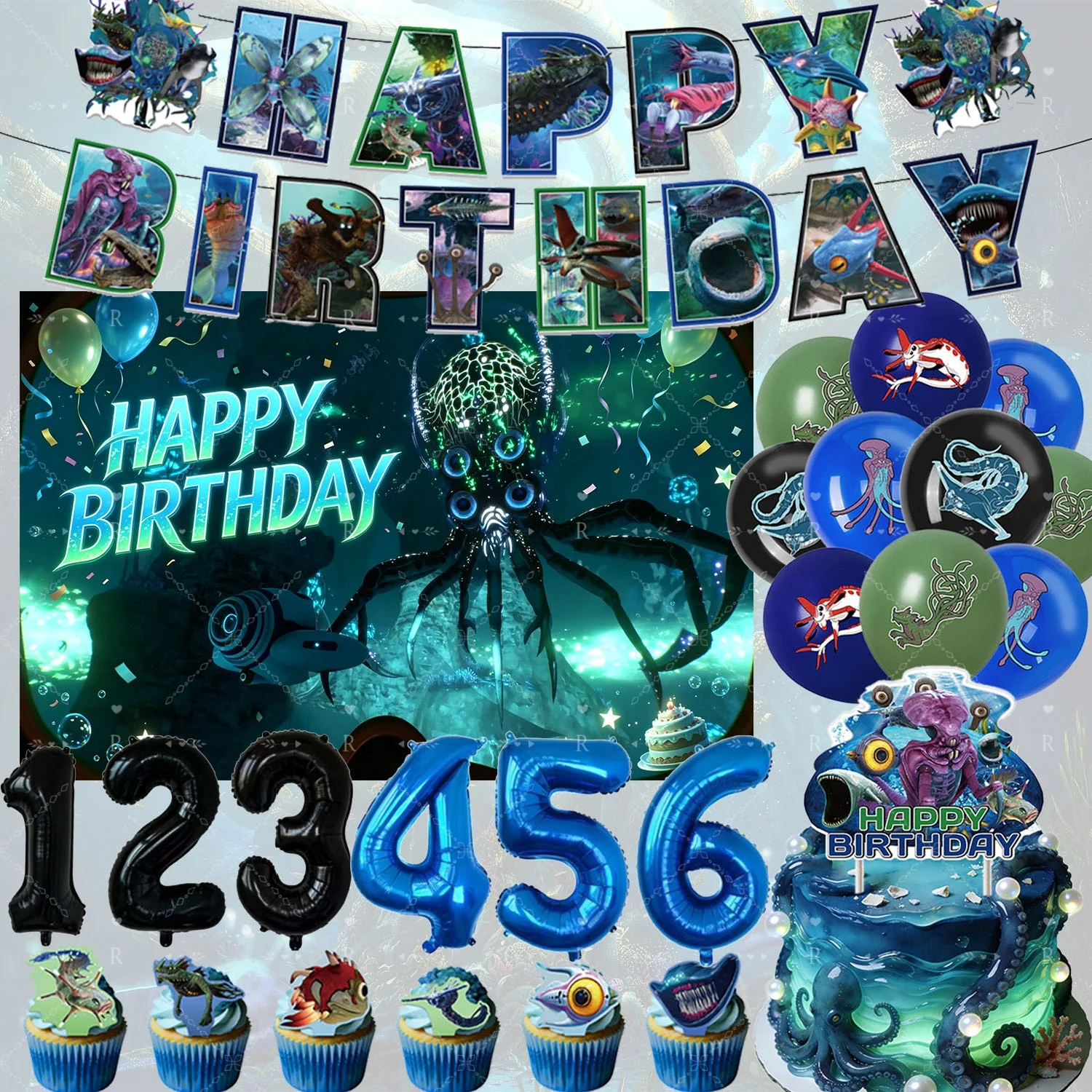 Party Games No Props - ゲーム「サブノーティカ」誕生日パーティー装飾用品 シーモンスター ウォーターワールド 数字バルーン ケーキトッパー バナー