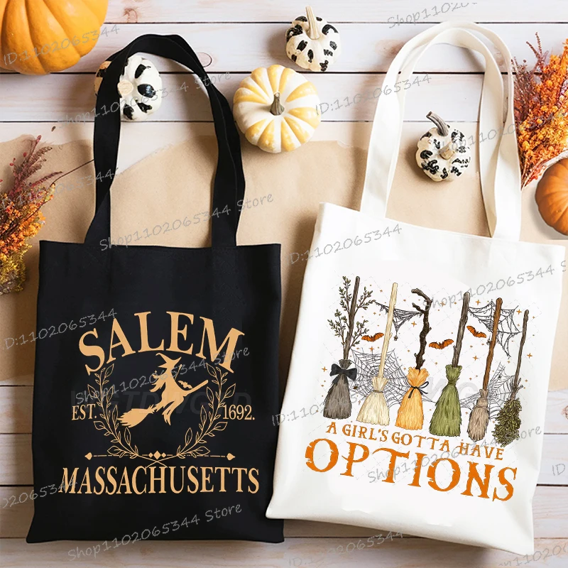 

Spooky Style Canvas Tote Bag Women Men Halloween Witch Fashion Shoulder Bags Casual Canvas Harajuku Mujer Hombre Shopping Bag