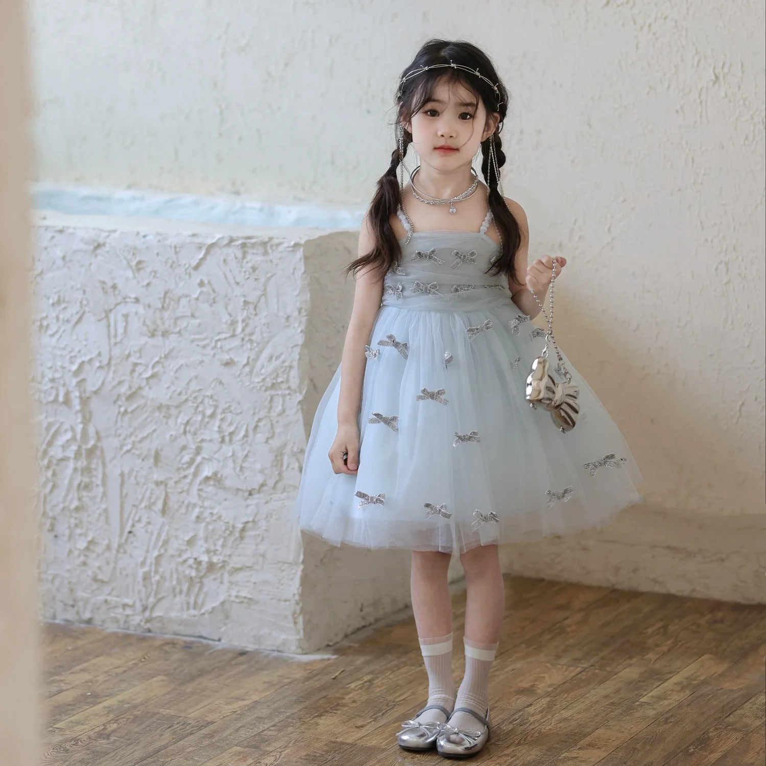 

Girls Bow Mesh Suspender Dress 2025 Summer New Girls Fluffy Princess Dress Birthday Dress Fashion Sweet