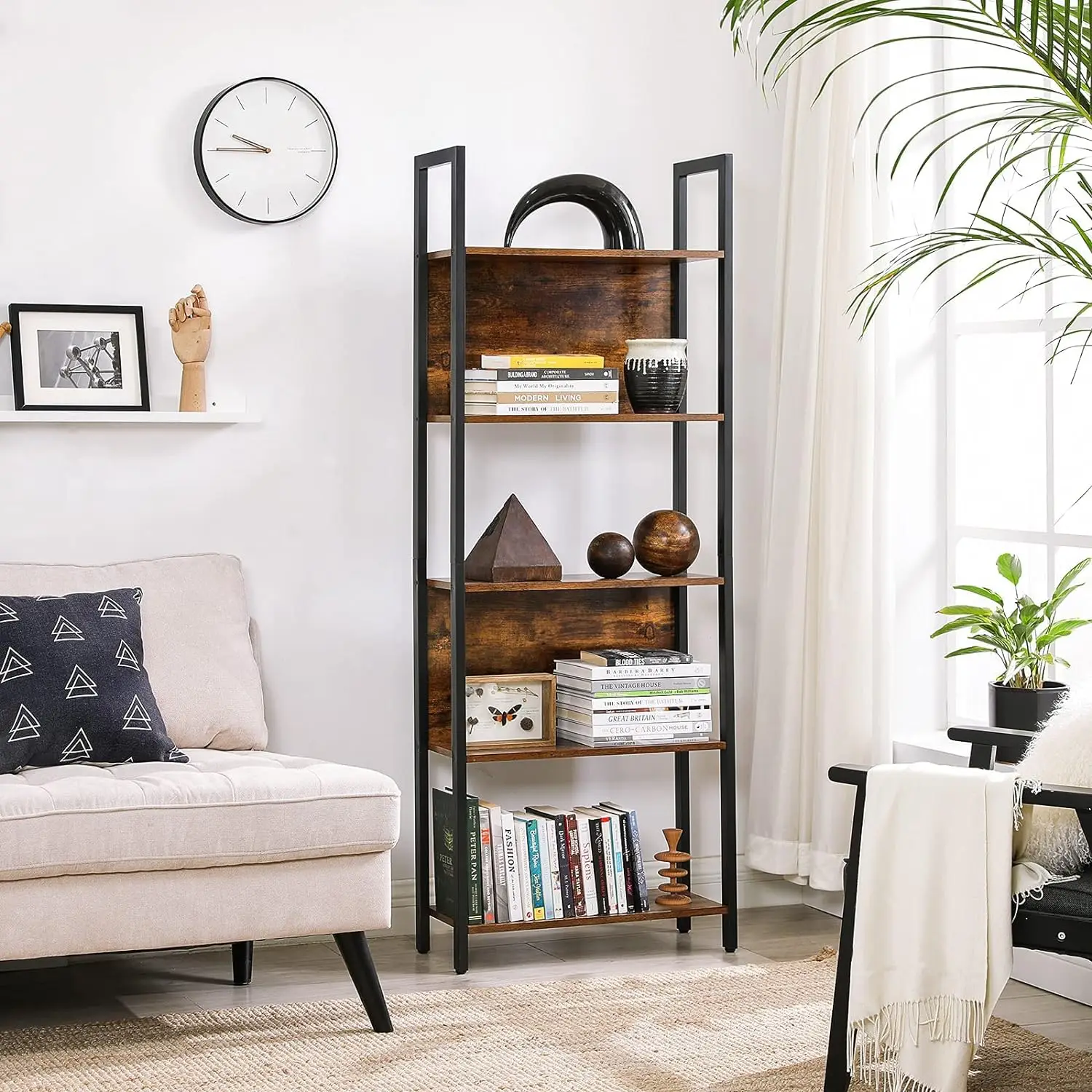 

5-Tier Bookshelf, Book Shelf, Industrial Bookcase, with Steel Frame, for Living Room, Home Office, Bedroom, 9.4 x 24.4 x