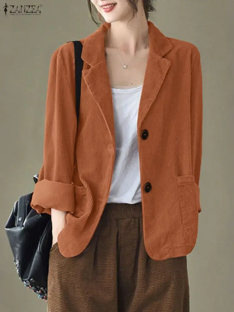

ZANZEA Women's Elegant Corduroy Blazer Office Wear Notched Lapel Long Sleeve Patch Pockets Button Up Casual Suit Jackets FW 2025