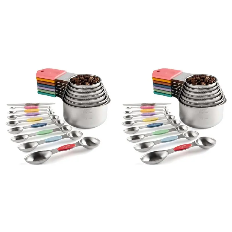 

AB34-32Pc Magnetic Stainless Steel Measuring Cups&Spoons Set, 7 Heavy Duty Cups,8 Double Sided Spoons With Leveler Multicolor