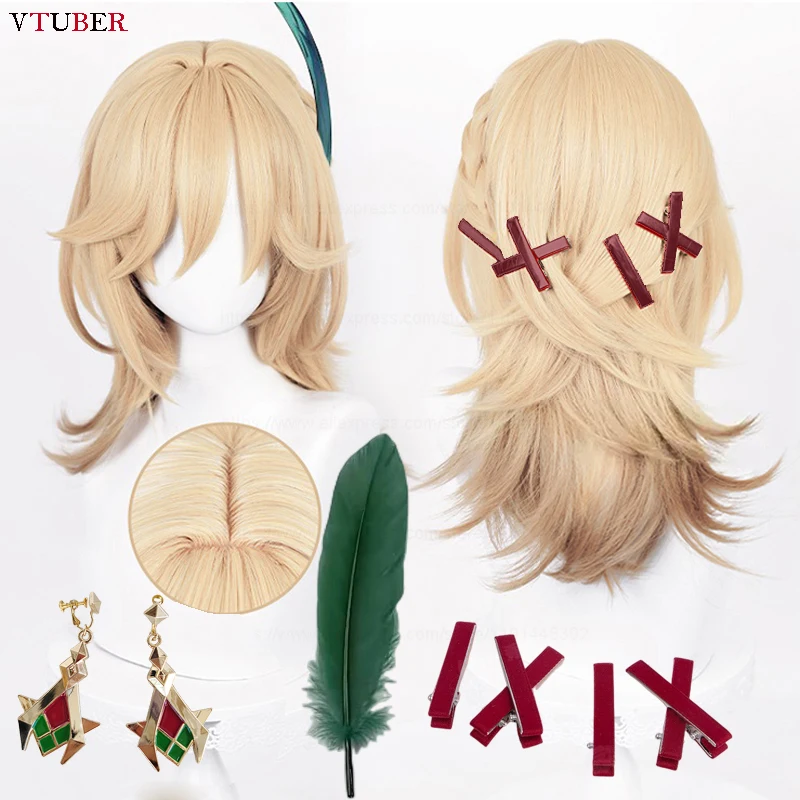 Kaveh Cosplay Wig com Boné de Trança, Cabelo Resistente ao Calor, Game Genshin Impact, Longo Linho Dourado, 50cm, Alta Qualidade