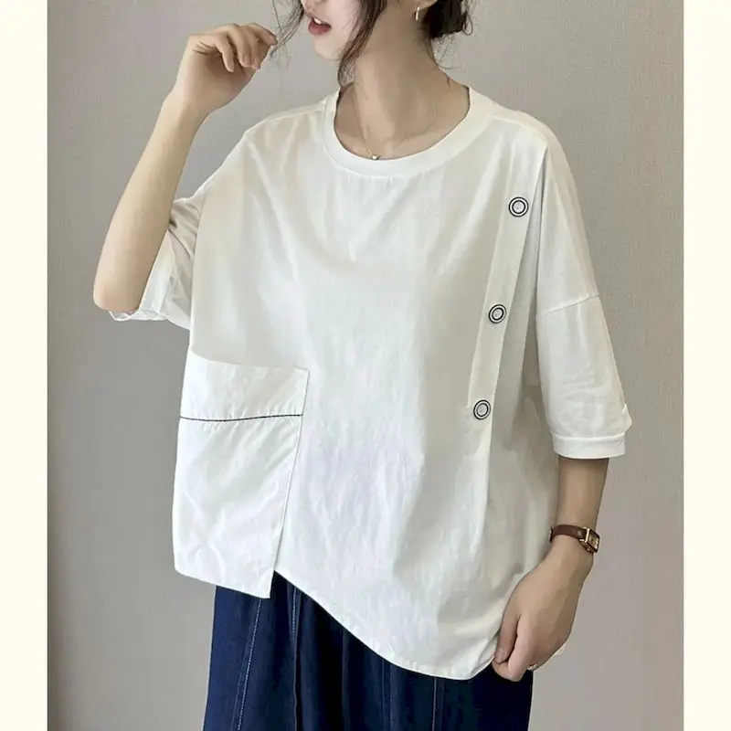 

Cotton T-shirts for Women Casual Short Sleeve T Shirt Summer Trendy Round Neck Patchwork Asymmetrical Design Fashion Top Loose T