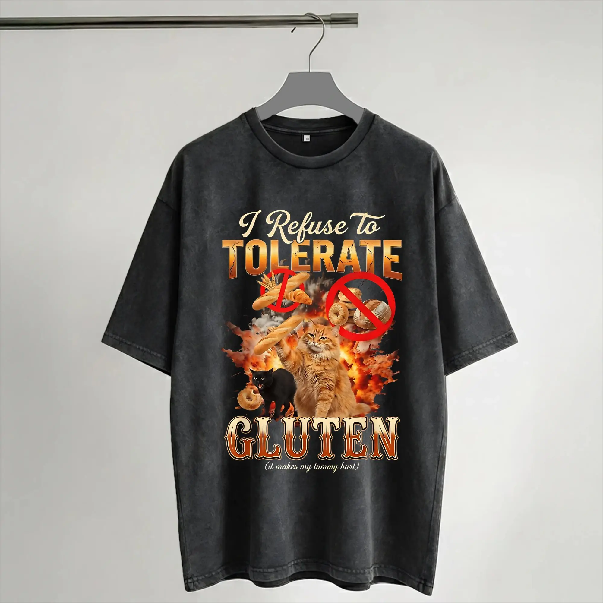 Harajuku Washed Shirts I Refuse To Tolerate Gluten Funny Cats Merch Fashion T Shirt High Street Short Sleeve Summer Tops Tees