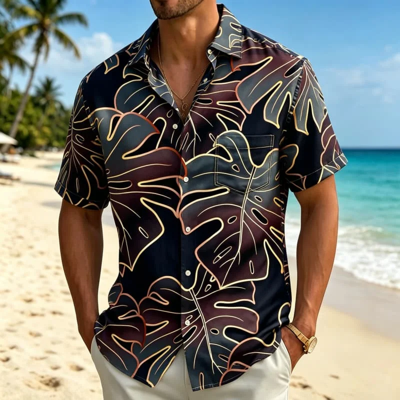 

Tropical plant floral printed short sleeved shirt with pockets, men's casual shirt, for beach outings and light holiday scenes