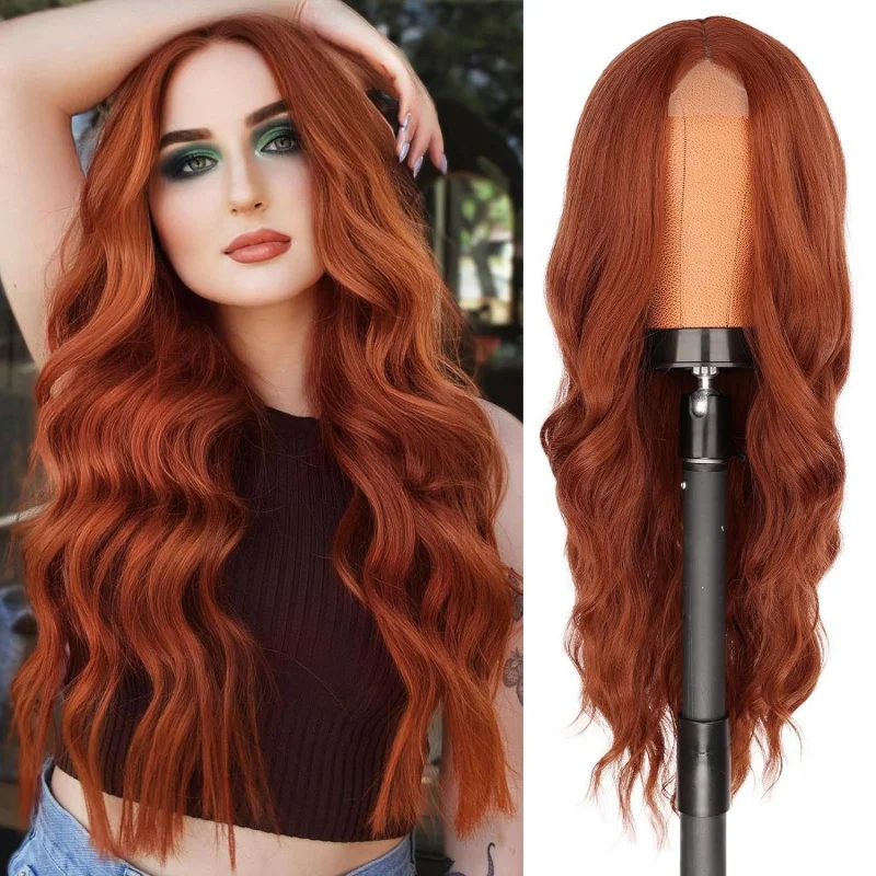 Wig for women, high-temperature fiber, middle-parted, large wavy long curly hair