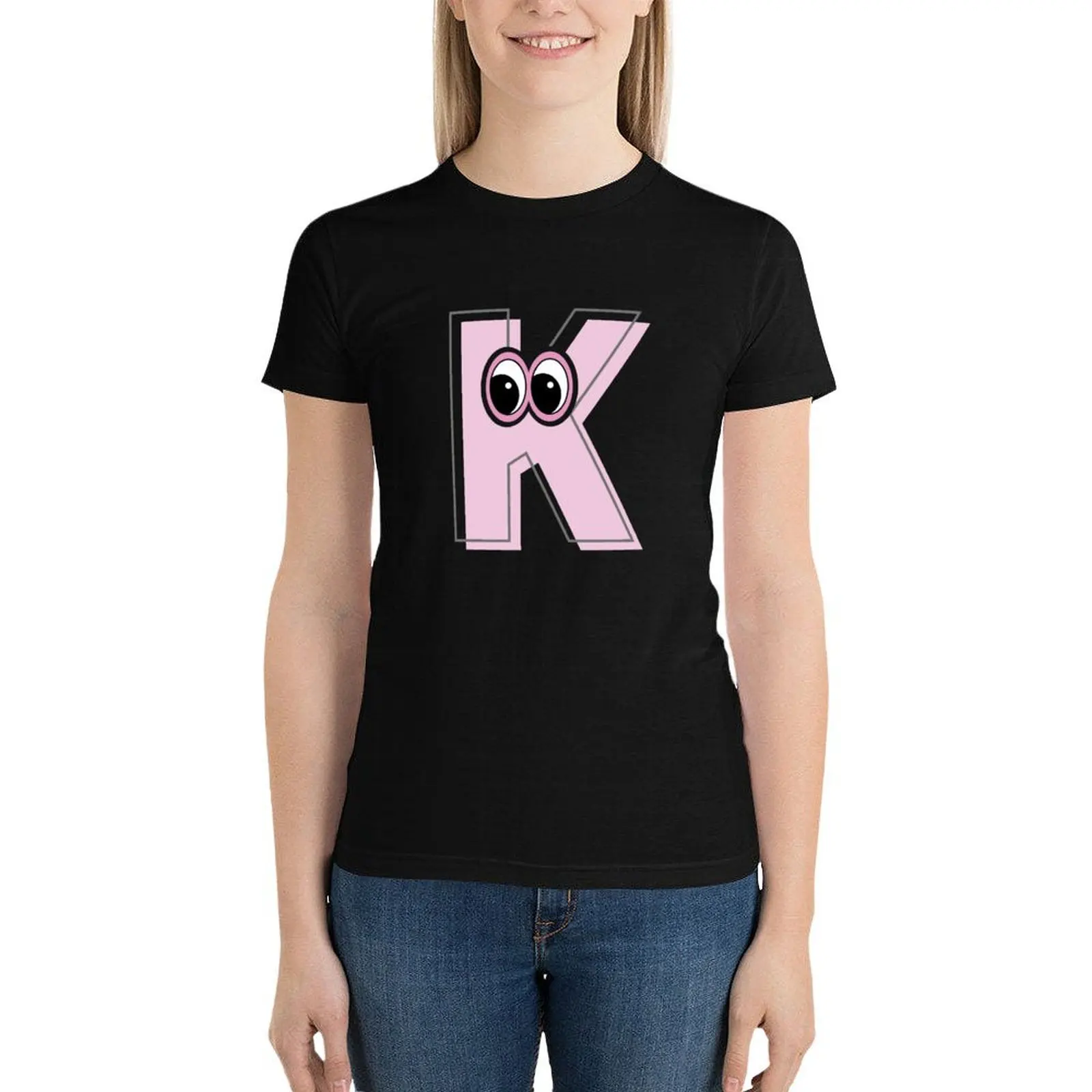 Pink letter K with eyes T-Shirt plain tops Summer Women's clothing