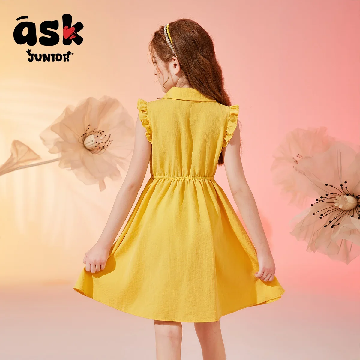 فستان صيفي للأميرات للفتيات ذو ياقة بولو بلون سادة ومتوسط وكبار السن من Ask Junior